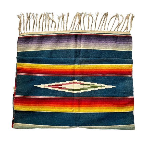 Vintage Wool Serape 62" Fringed Runner Blanket Rainbow Native Mexican American - Picture 2 of 11